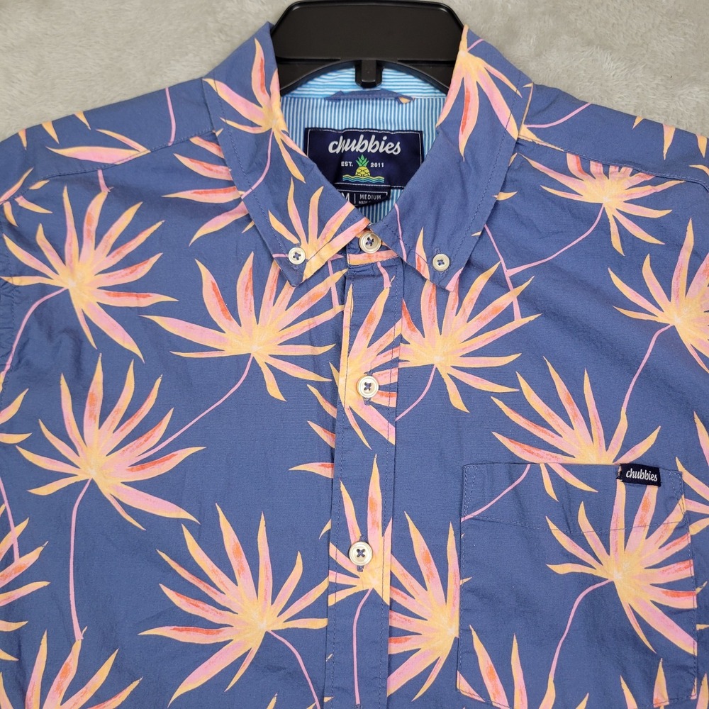 Chubbies Floral Print Blue Pink Button Shirt Short Sleeve Mens Medium Cotton